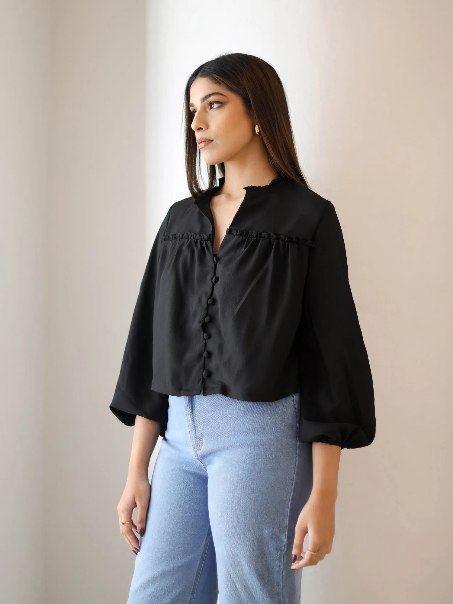 Button Down Balloon Sleeve Top