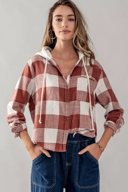 Button Down Gingham Flannel Hooded Top