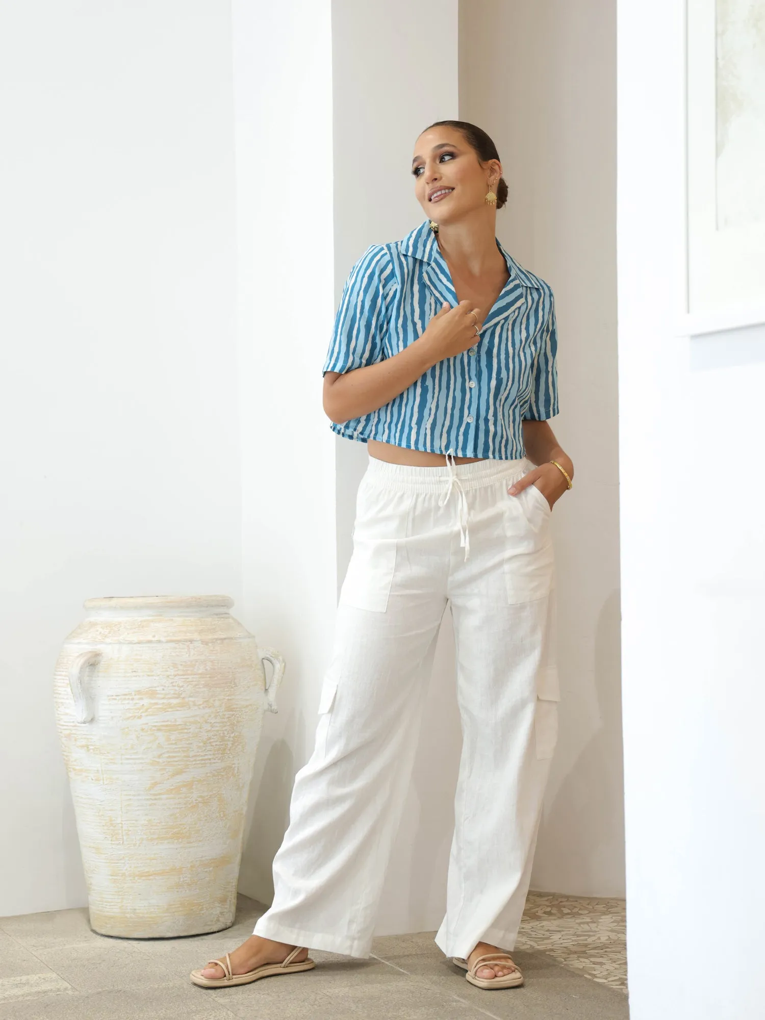 Button Down Short Sleeved Crop Top