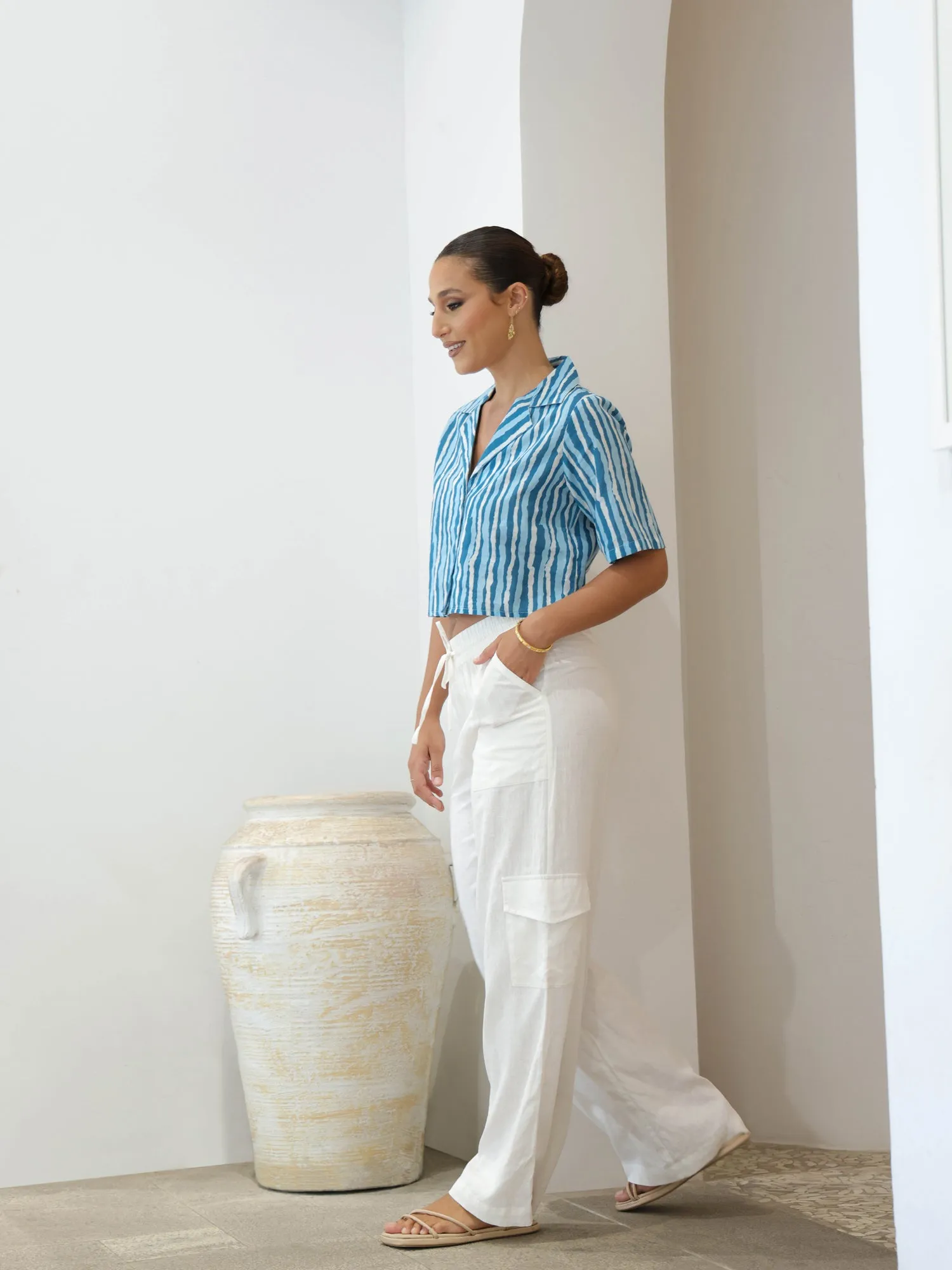 Button Down Short Sleeved Crop Top