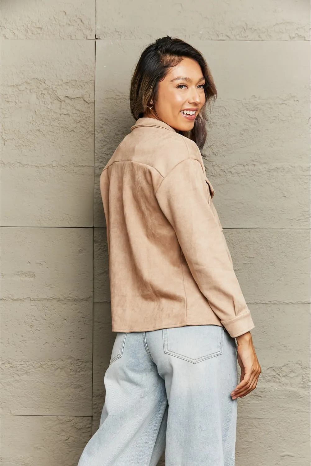 Camel Suede Look Button Down Jacket