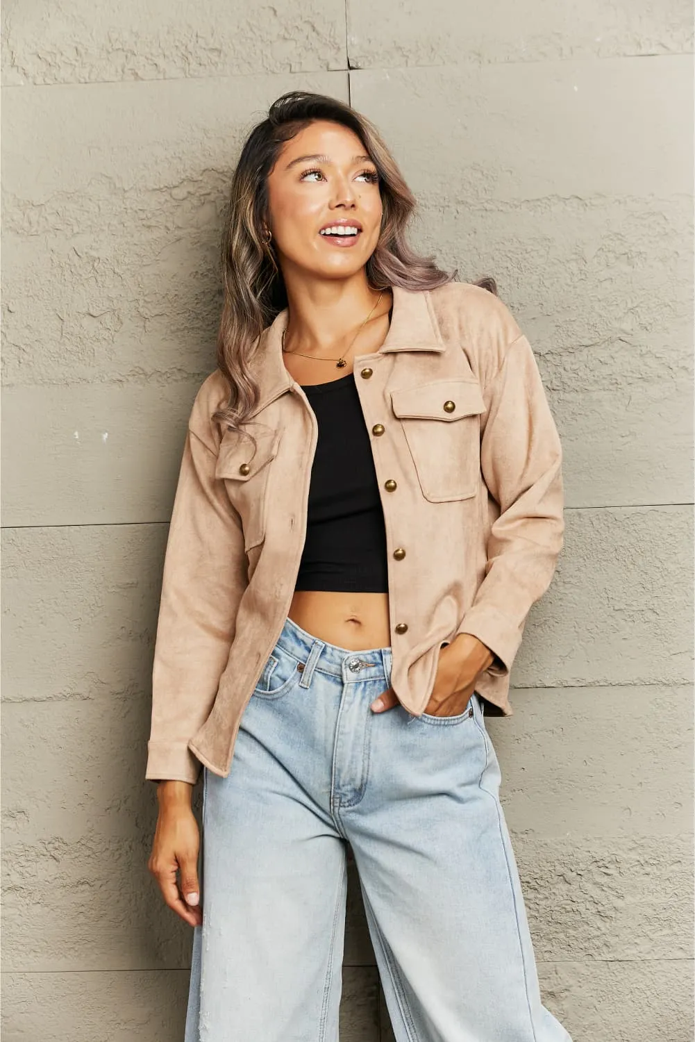 Camel Suede Look Button Down Jacket