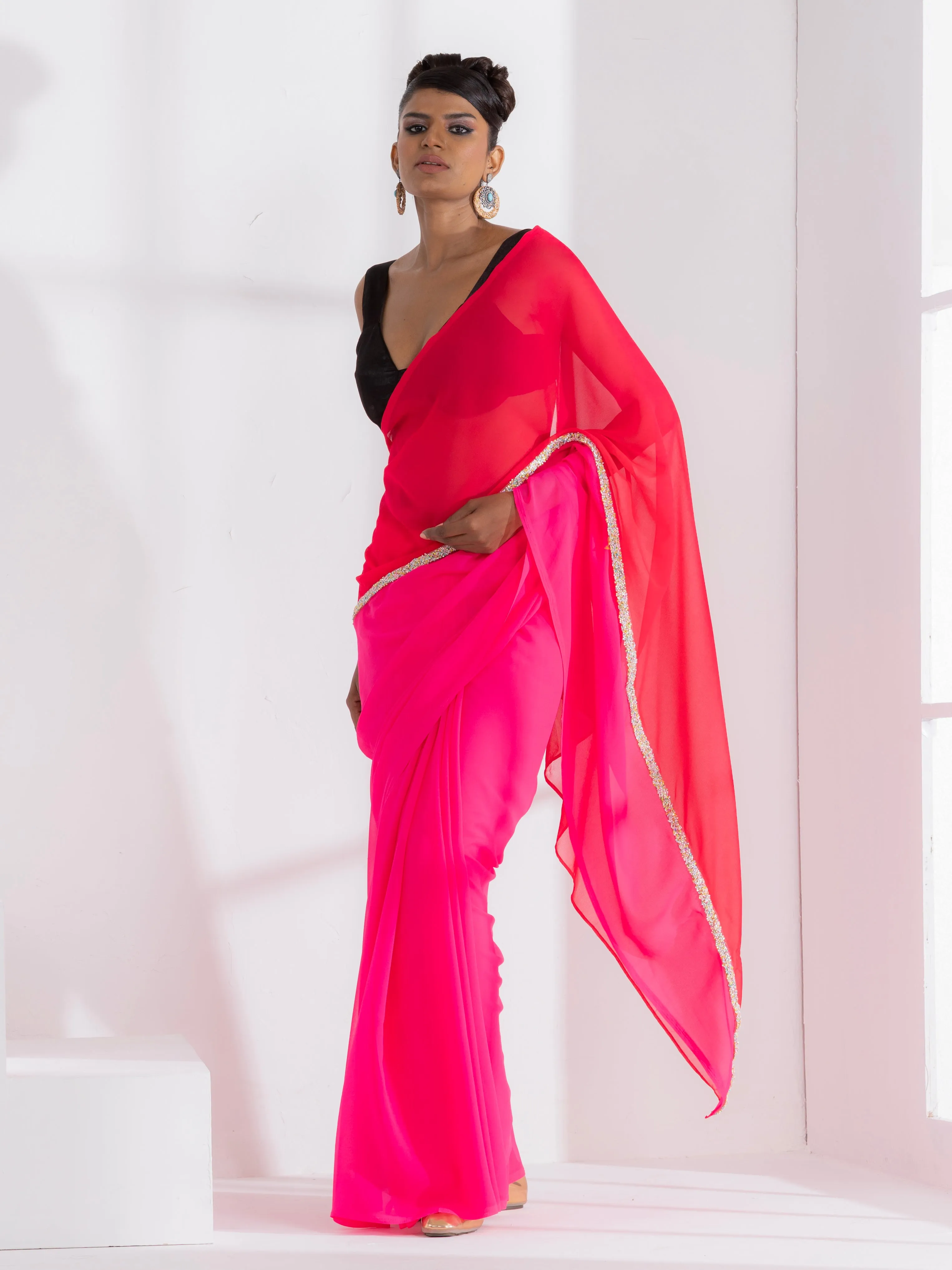 Carnation and Lily Triangle Georgette Saree with lace and Black Posh Blouse Fabric
