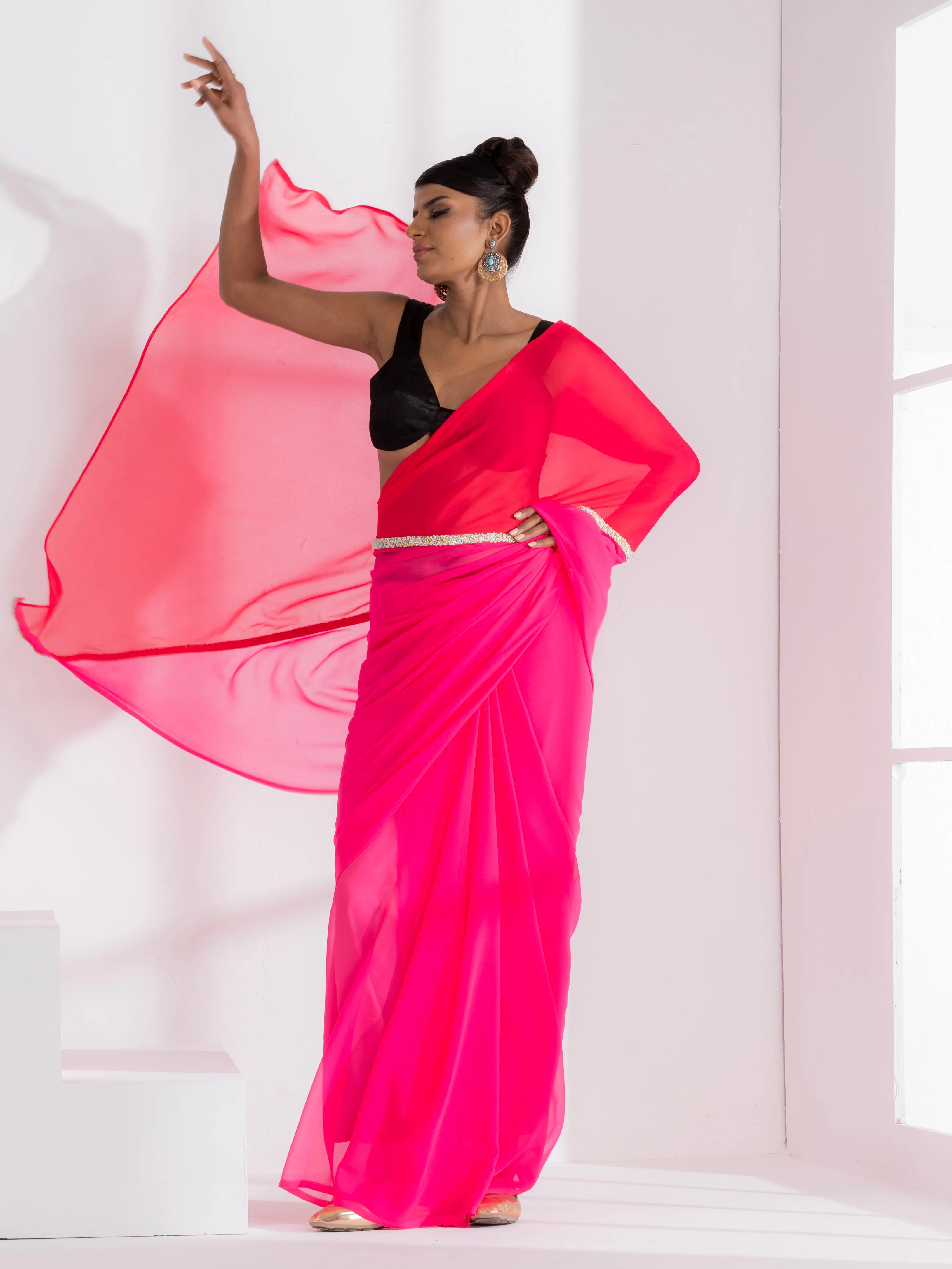 Carnation and Lily Triangle Georgette Saree with lace and Black Posh Blouse Fabric