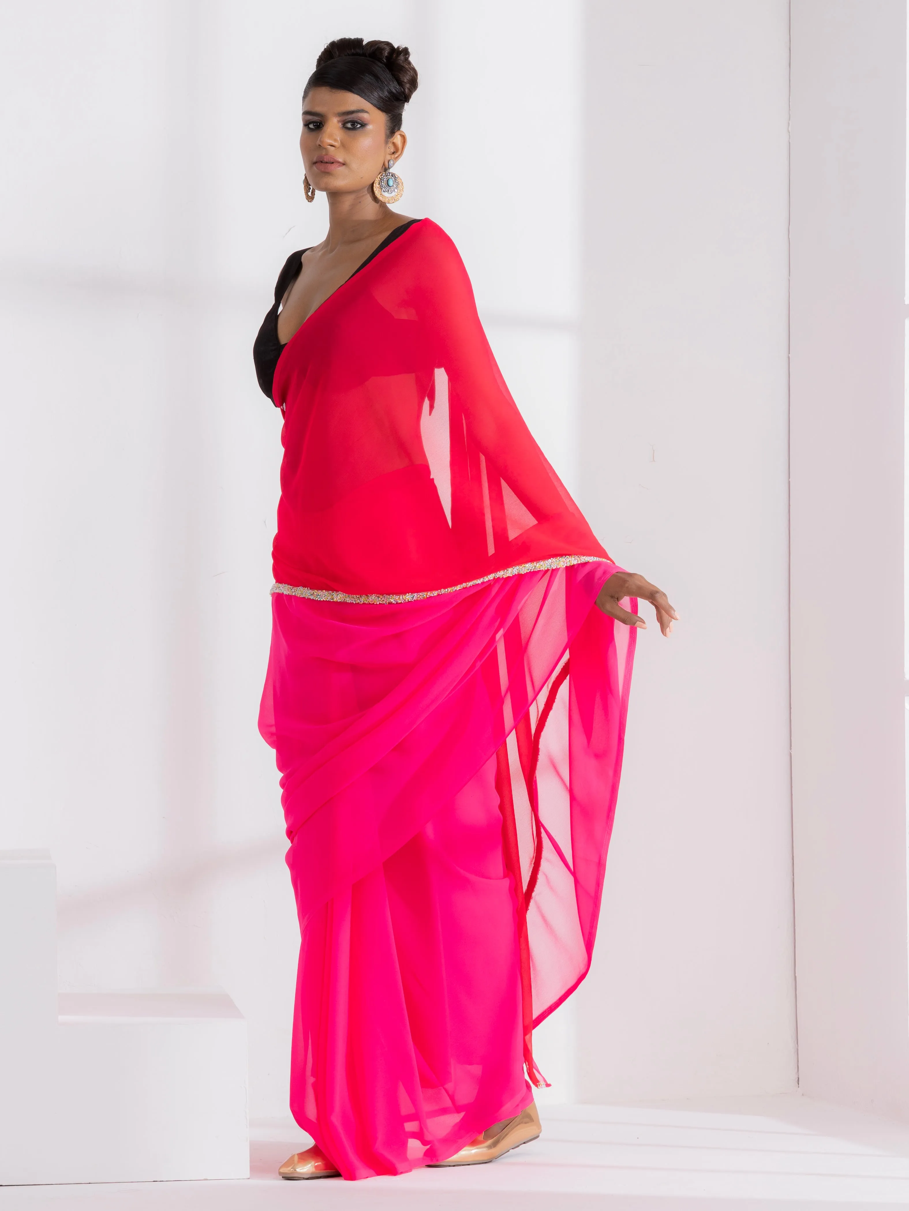 Carnation and Lily Triangle Georgette Saree with lace and Black Posh Blouse Fabric