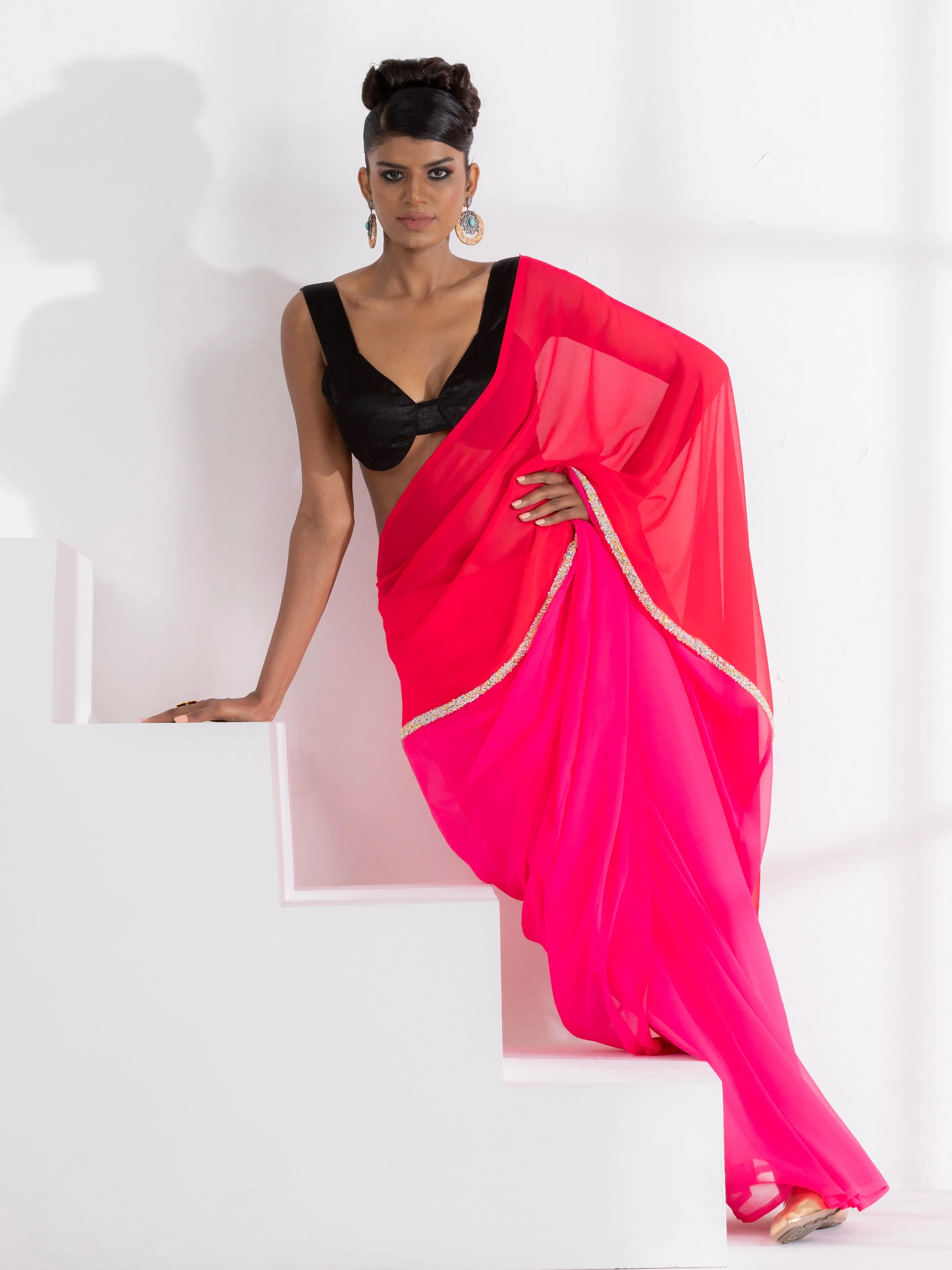 Carnation and Lily Triangle Georgette Saree with lace and Black Posh Blouse Fabric