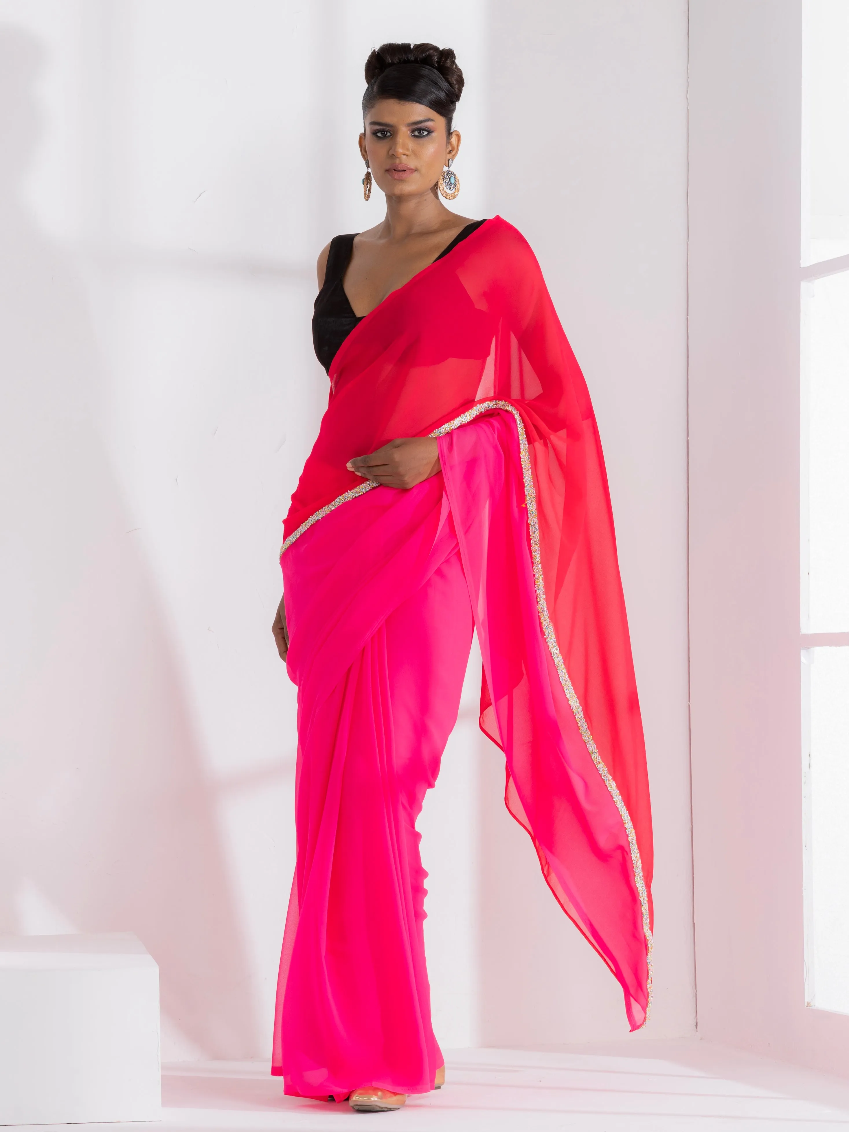 Carnation and Lily Triangle Georgette Saree with lace and Black Posh Blouse Fabric