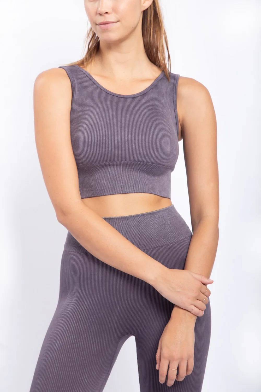 Carolyne Ribbed Cut-out Back Mineral Wash Seamless Hybrid Sports Bra