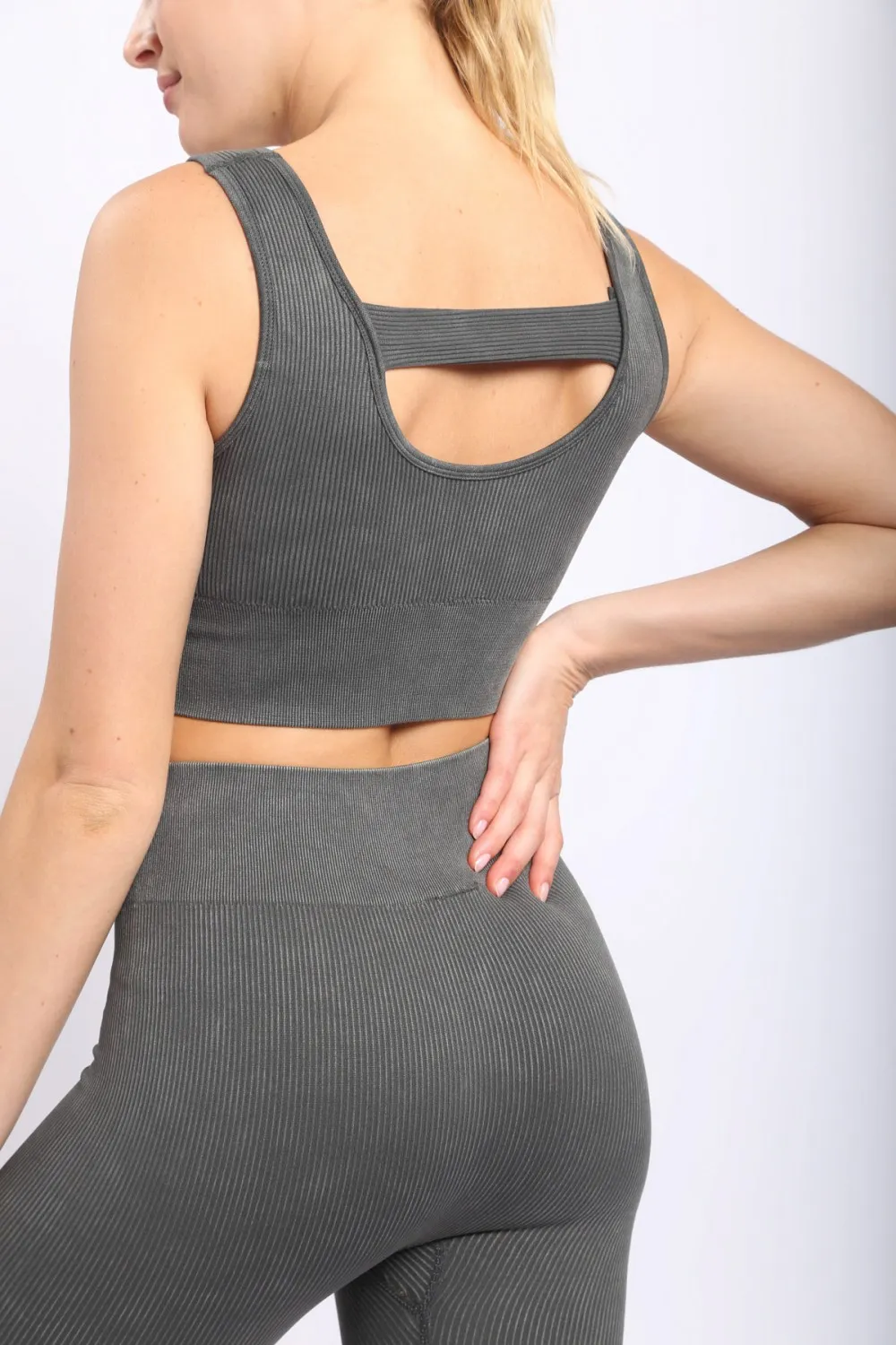 Carolyne Ribbed Cut-out Back Mineral Wash Seamless Hybrid Sports Bra