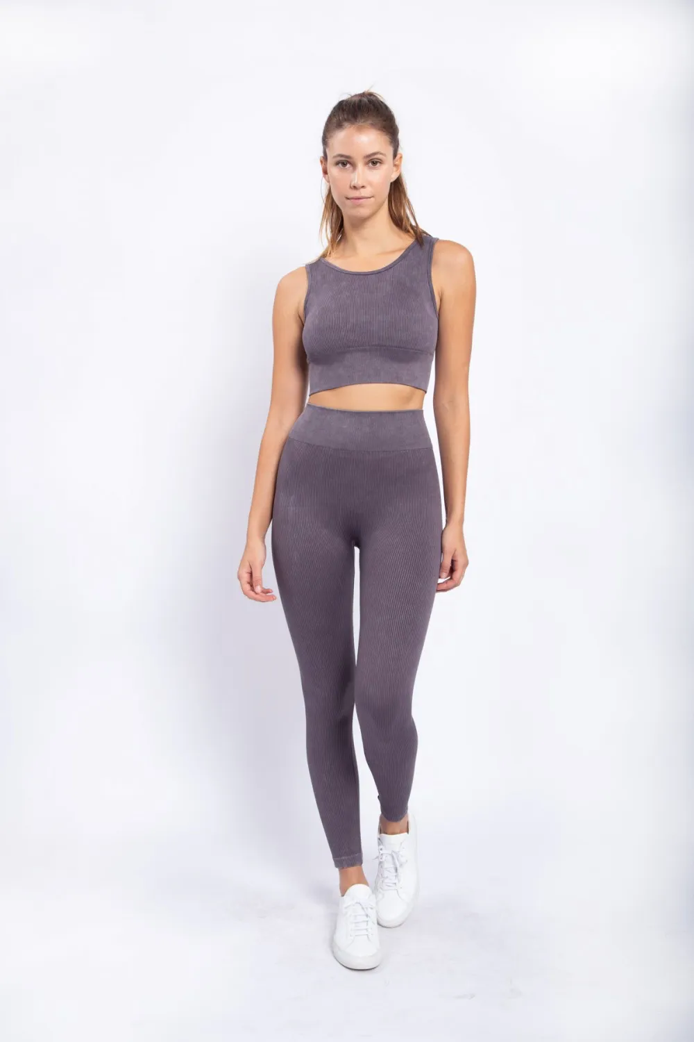 Carolyne Ribbed Cut-out Back Mineral Wash Seamless Hybrid Sports Bra