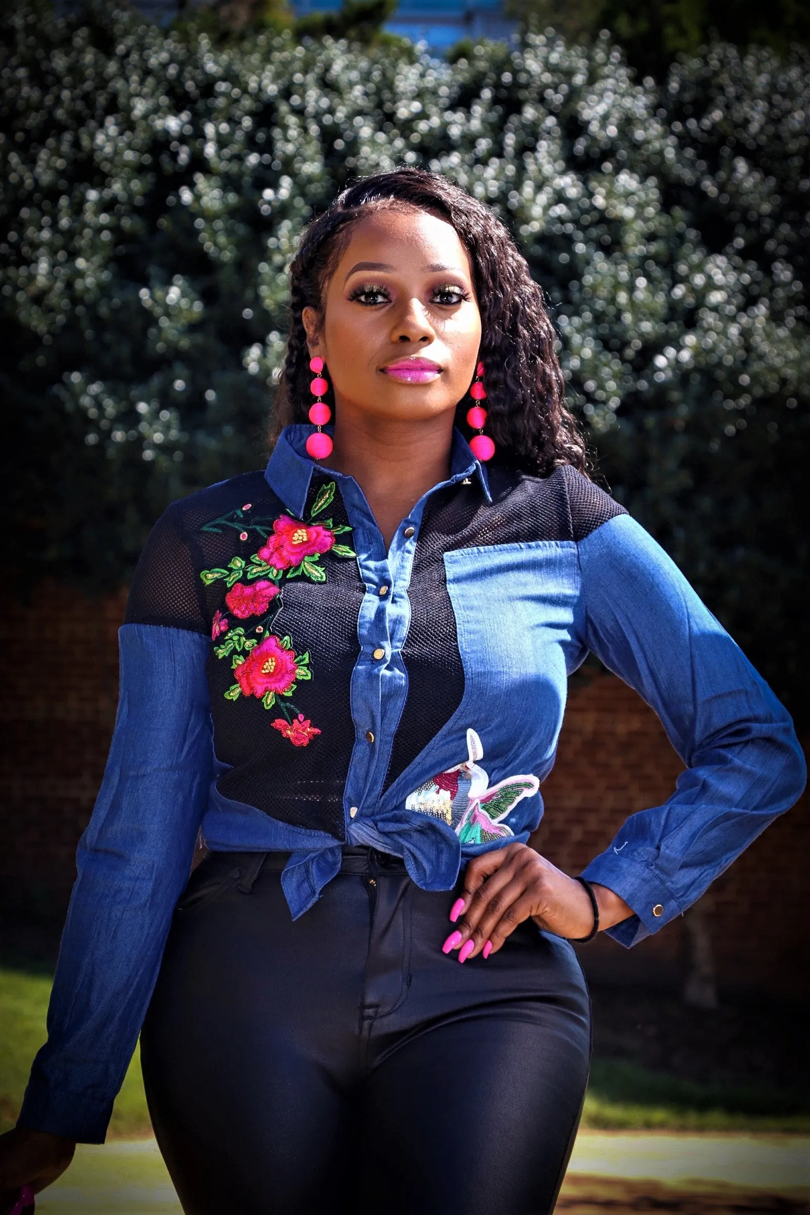 Cataleya Dark Denim Mesh Button Down Top