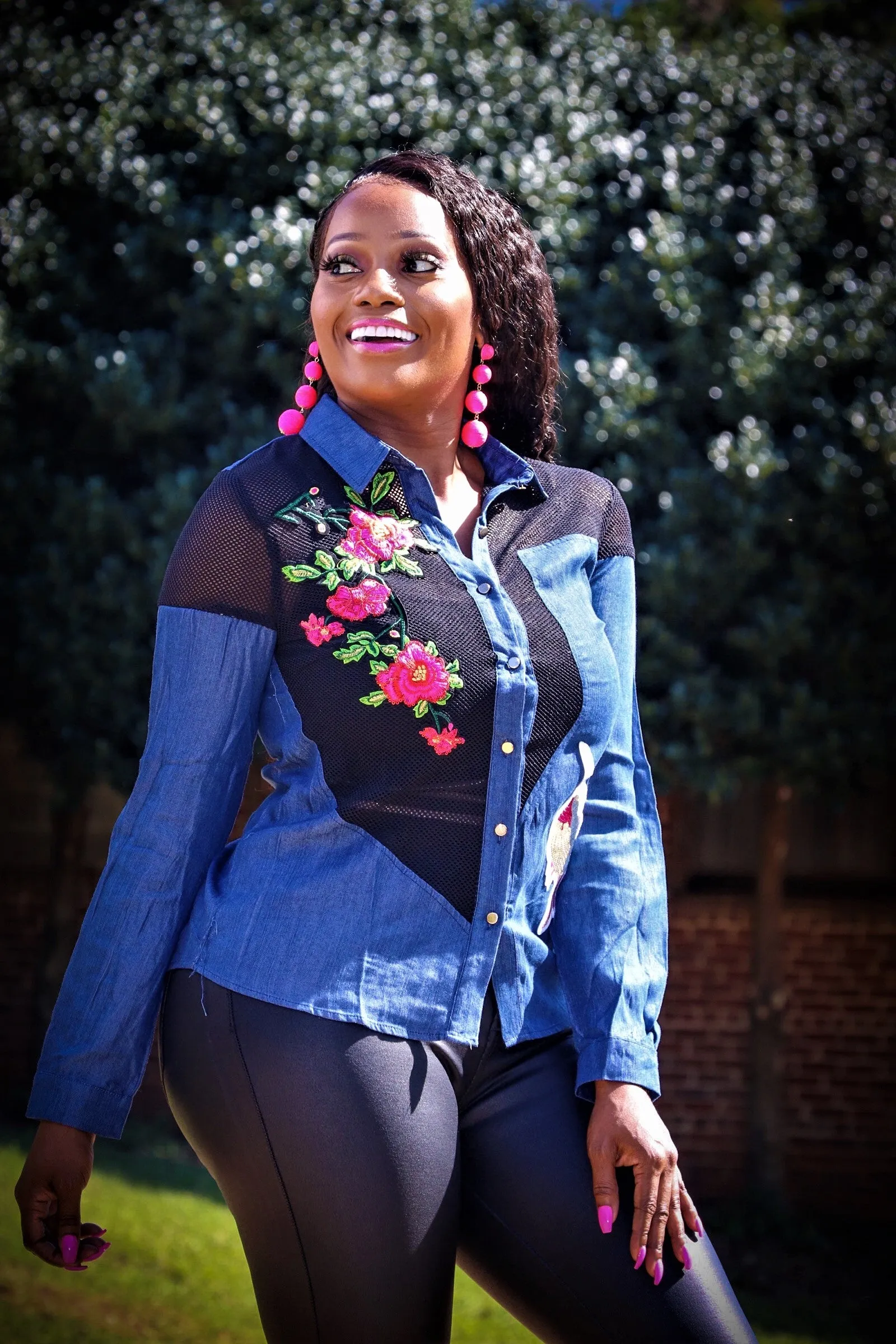 Cataleya Dark Denim Mesh Button Down Top