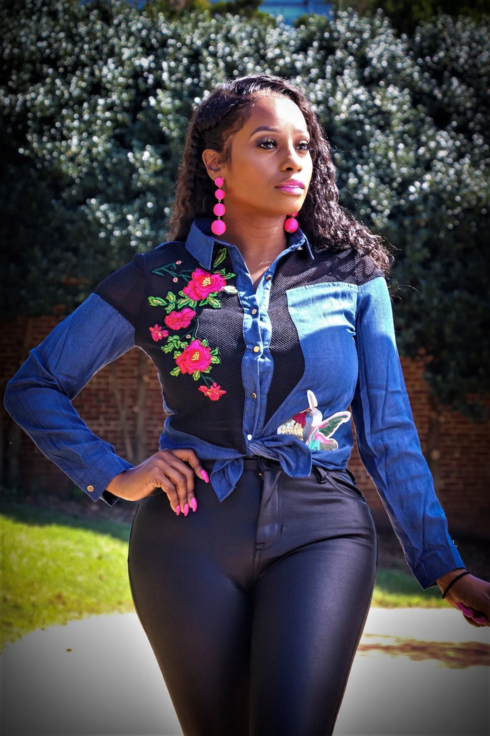 Cataleya Dark Denim Mesh Button Down Top