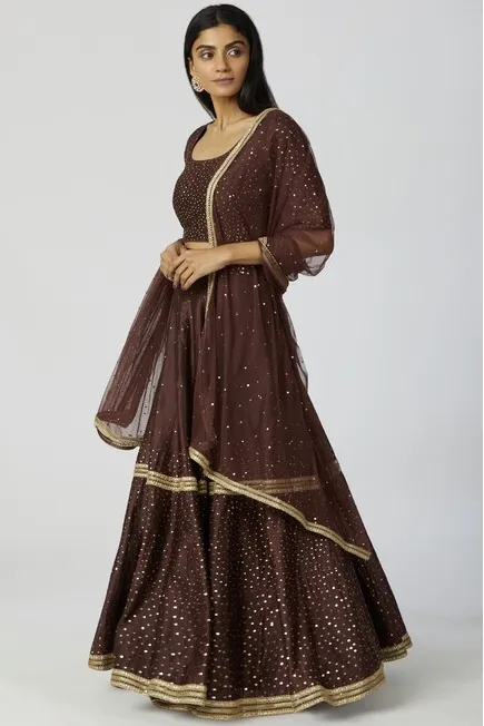 Chanderi Silk Embellished Lehenga Set in Brown