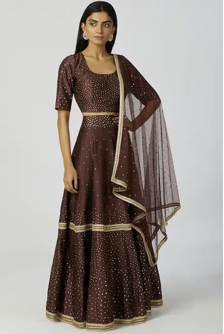 Chanderi Silk Embellished Lehenga Set in Brown