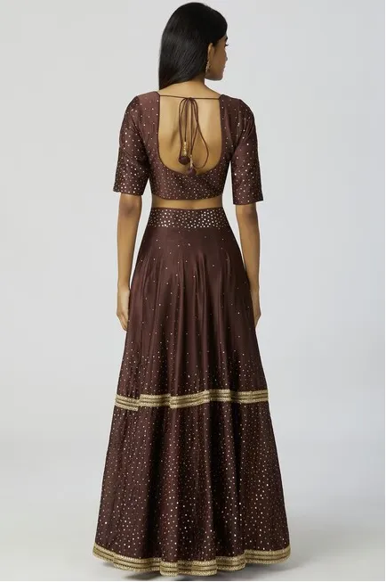 Chanderi Silk Embellished Lehenga Set in Brown