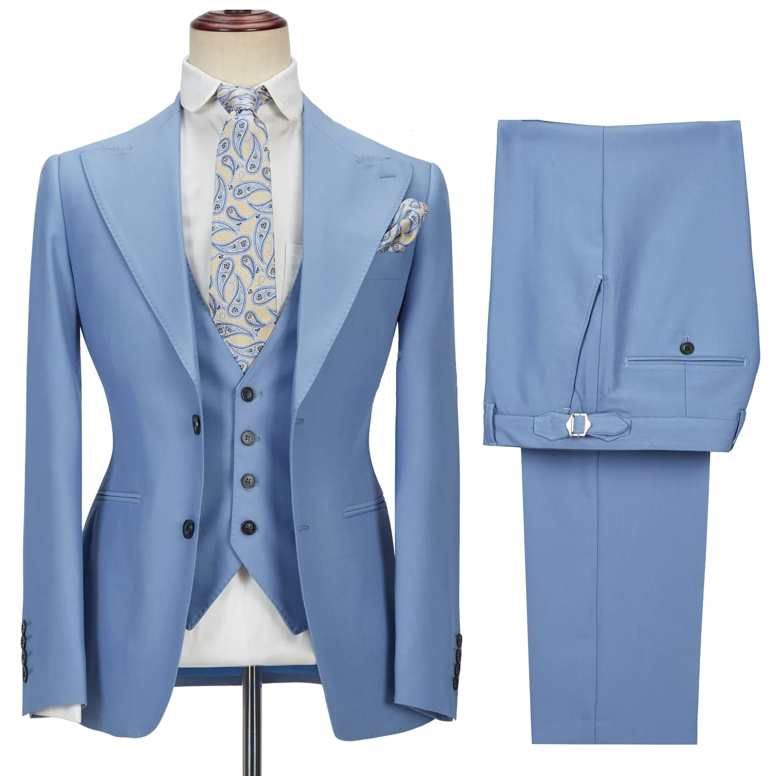 Chic  Blue Peak Lapel Men's Suit 3 Piece Men's Formal Suit without Flap