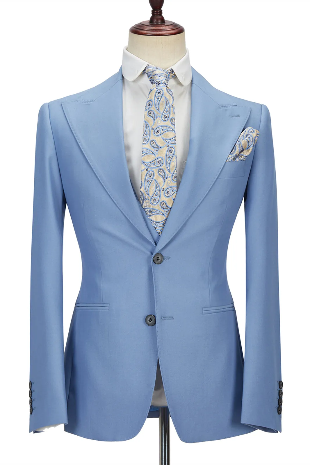 Chic  Blue Peak Lapel Men's Suit 3 Piece Men's Formal Suit without Flap