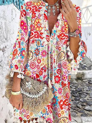 Color Printed V-neck Fringed Dress