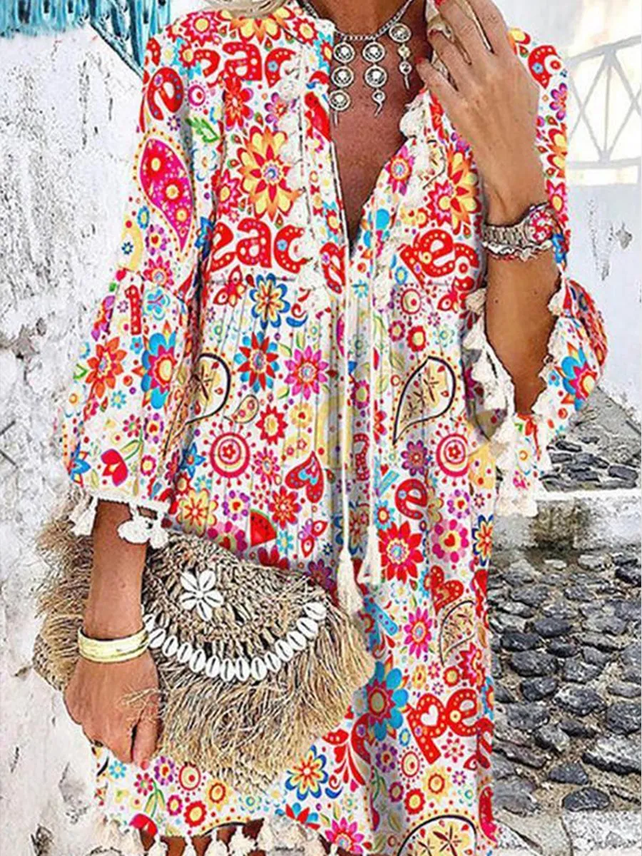 Color Printed V-neck Fringed Dress