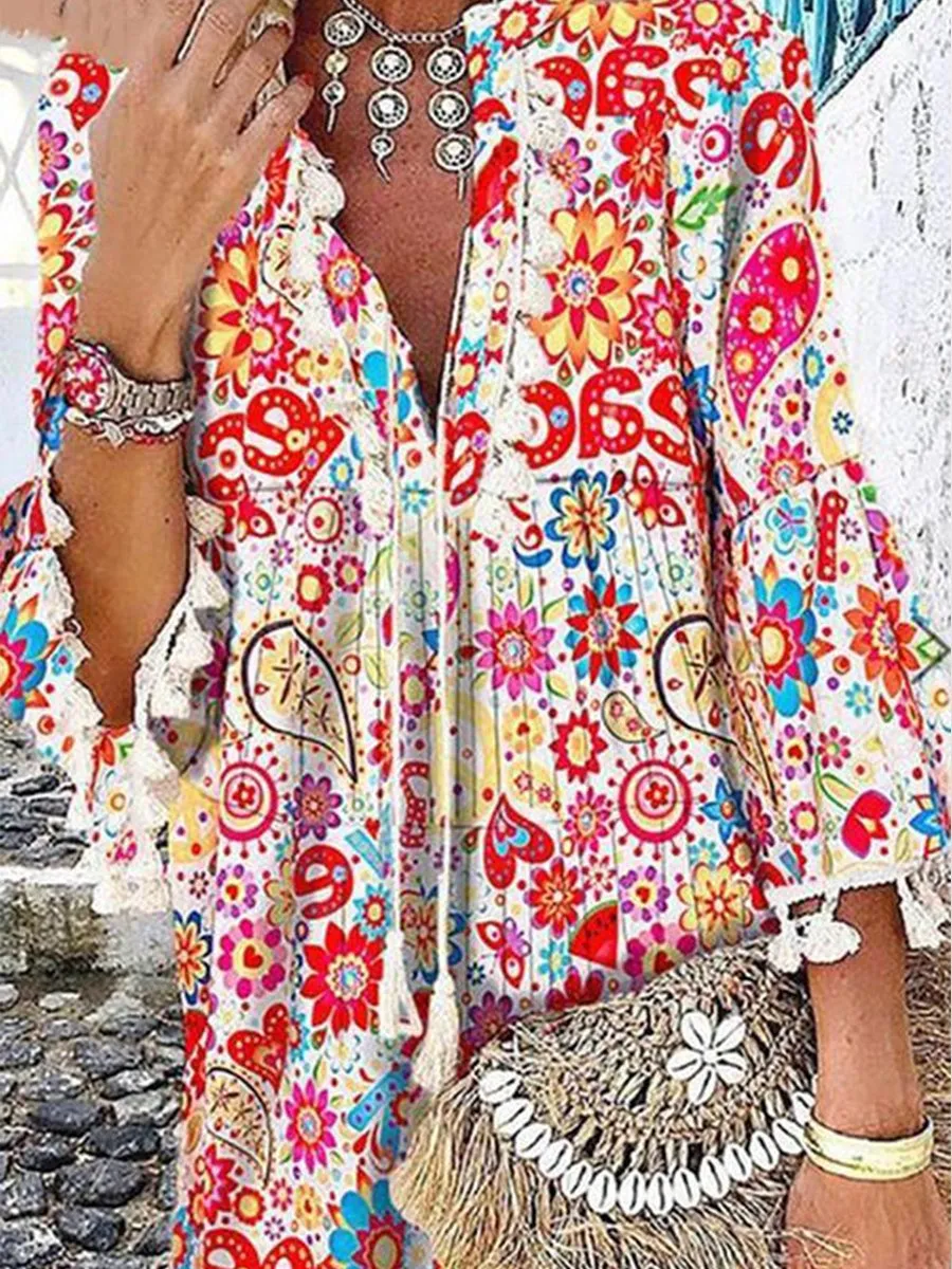 Color Printed V-neck Fringed Dress