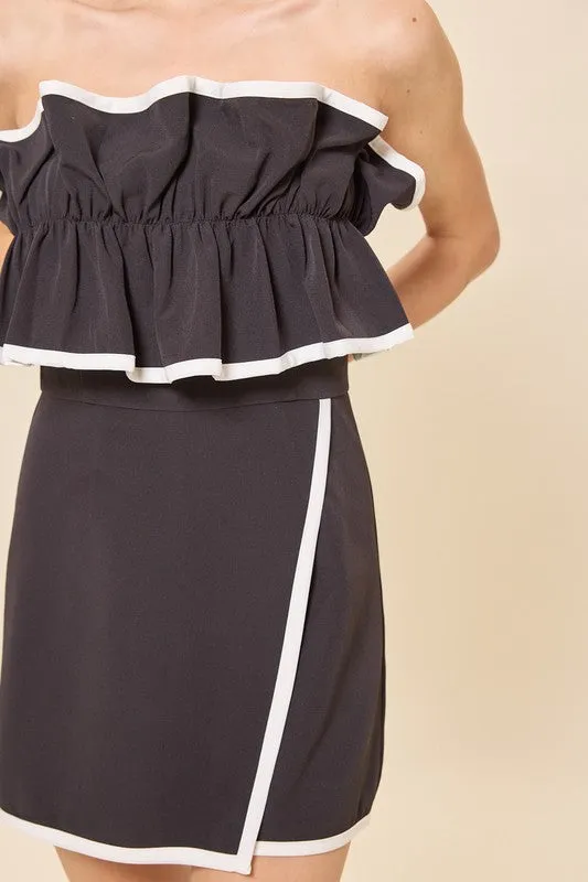 Contrast Binding Ruffle Ruched Tube Romper