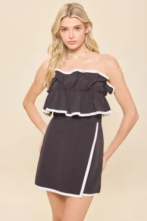 Contrast Binding Ruffle Ruched Tube Romper