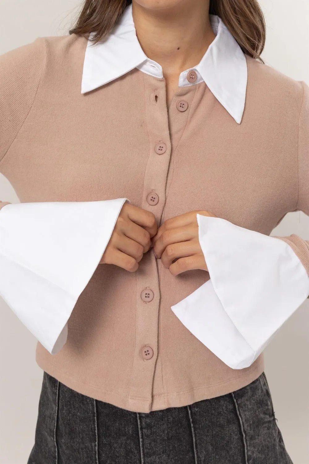 Contrast Button Down Knit Top