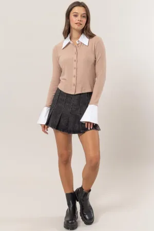Contrast Button Down Knit Top