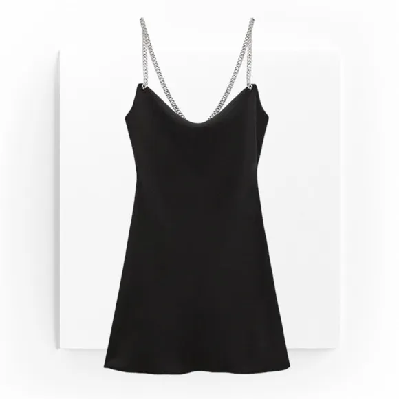 COPY - (60% OFF) NWT Zara Draped Chain Strap Satin Effect Black Mini Dress S MS…