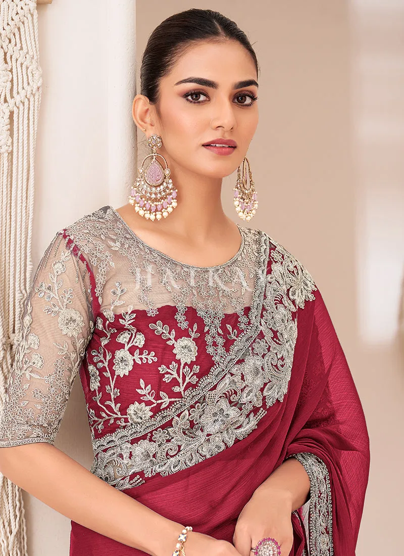 Crimson Red Embroidery Georgette Saree