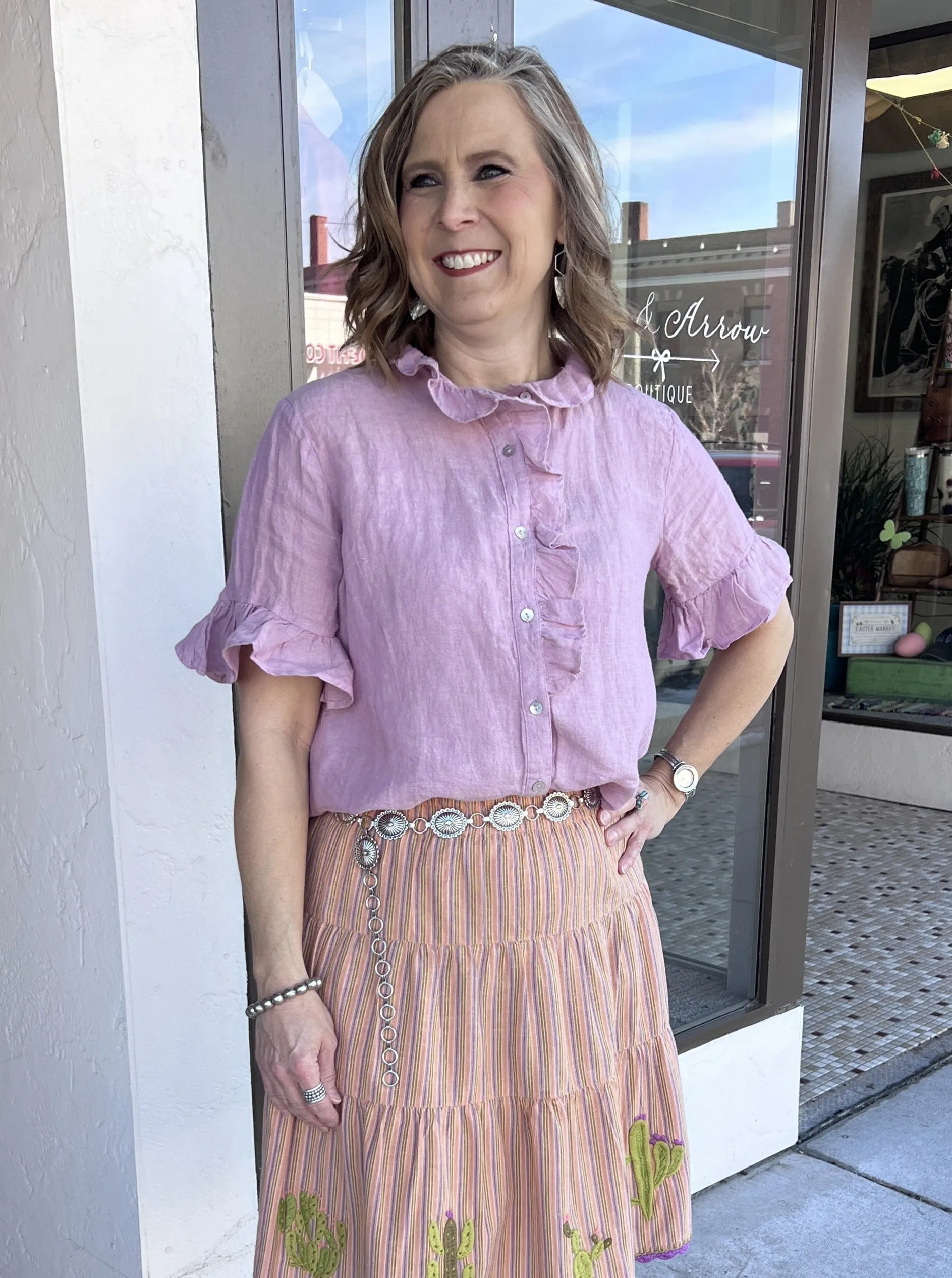 Crossed Eyed Linen Short Slv Button Down Top