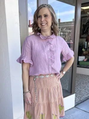 Crossed Eyed Linen Short Slv Button Down Top