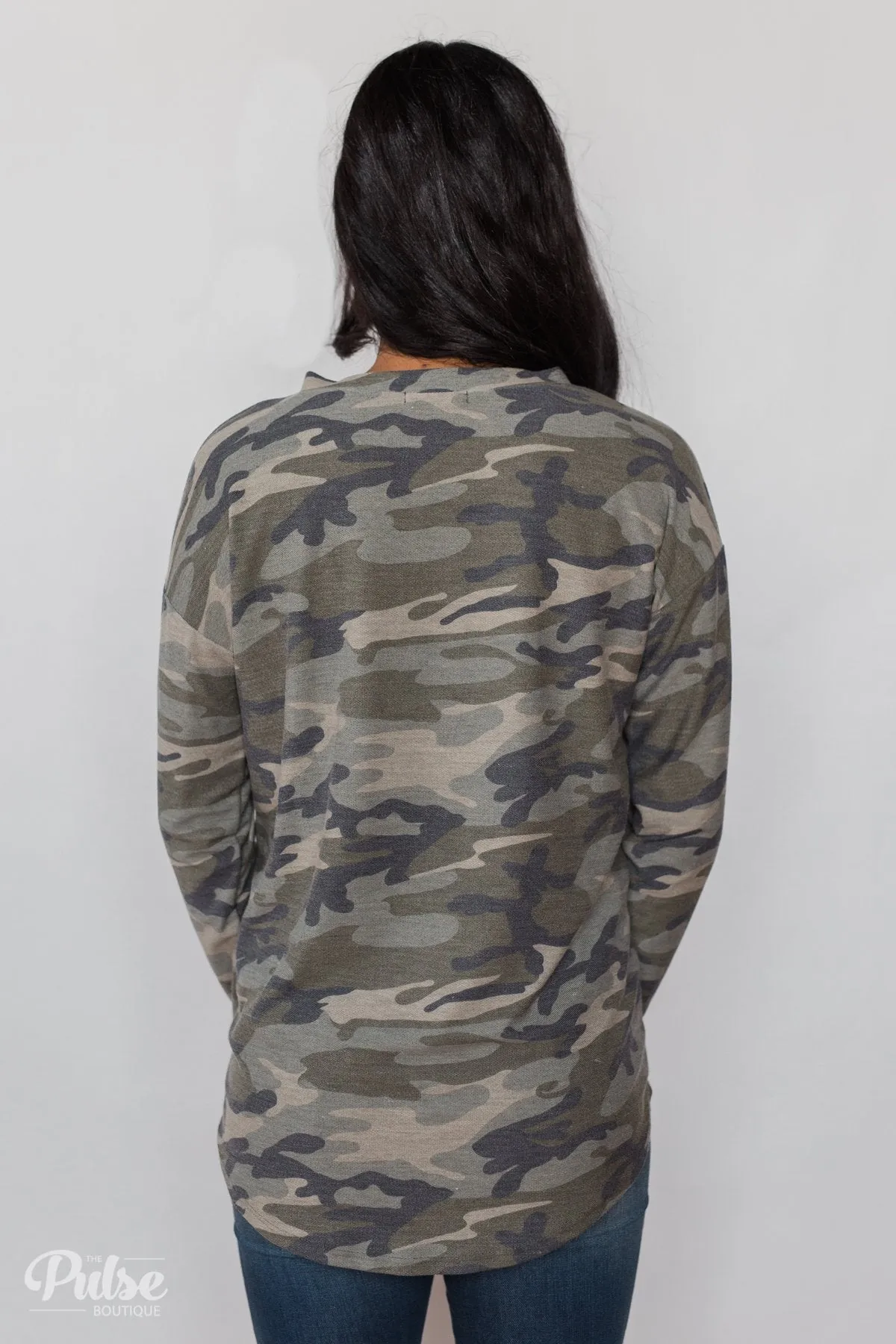 Crossing Into Camo Pullover Top