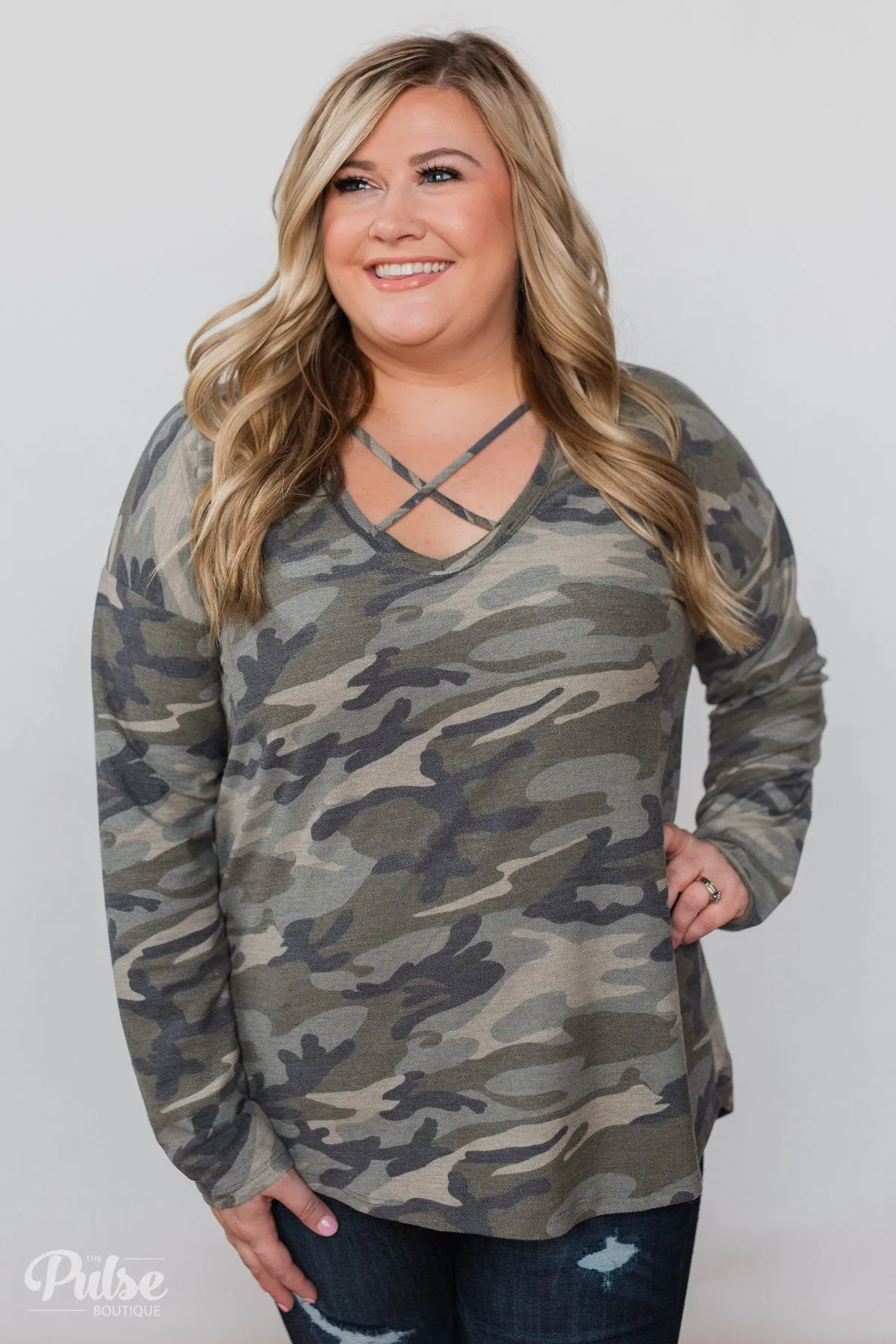 Crossing Into Camo Pullover Top