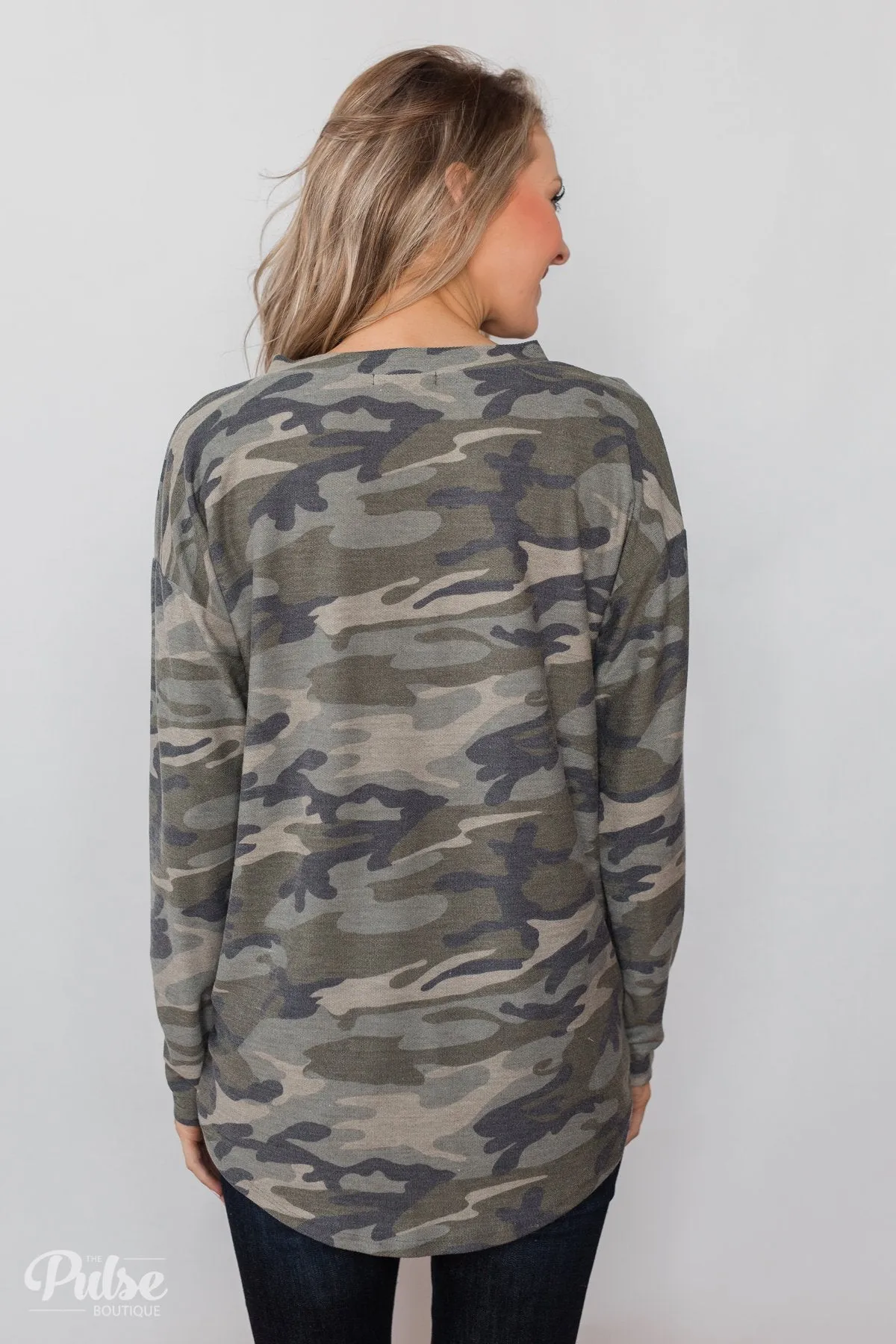 Crossing Into Camo Pullover Top