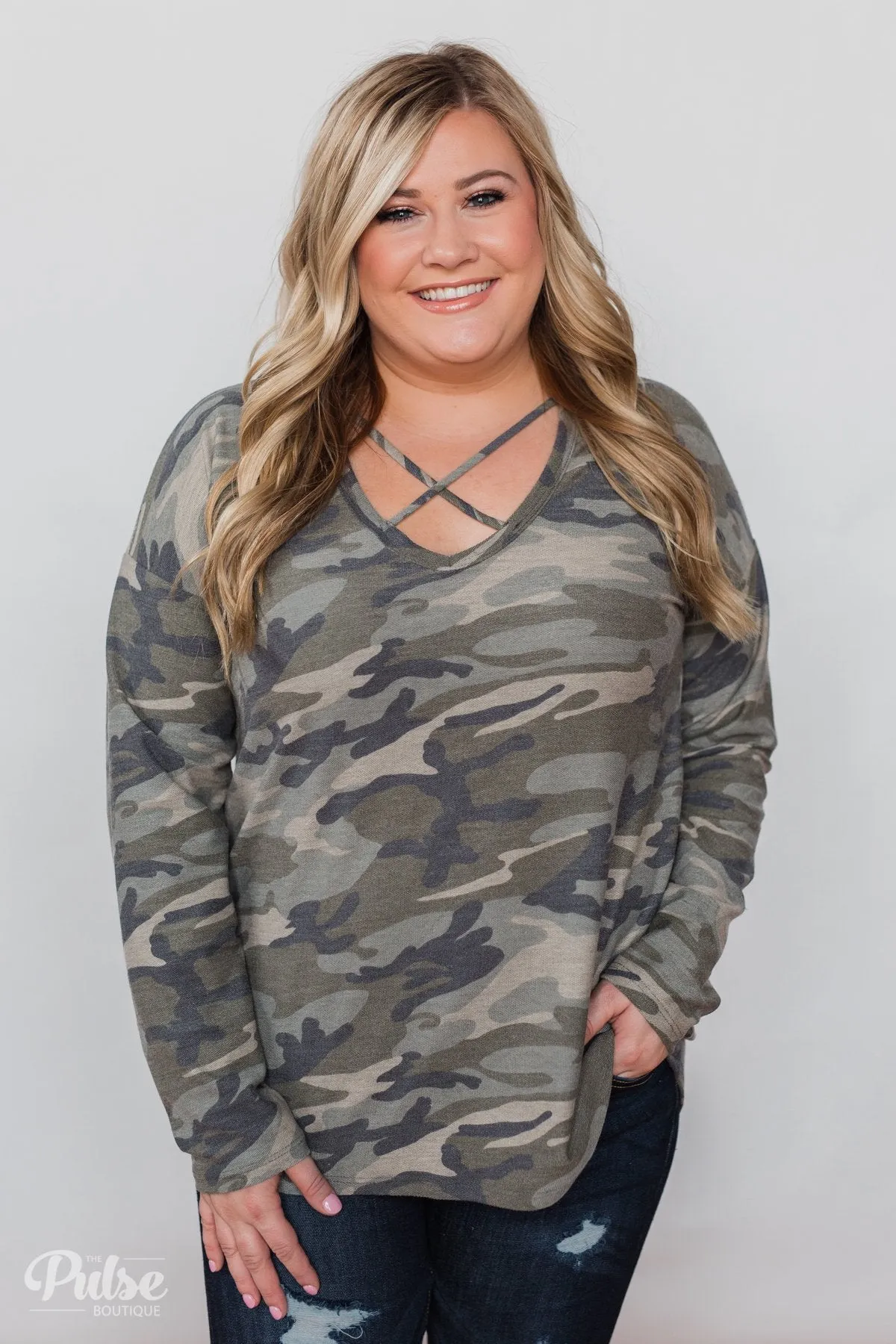 Crossing Into Camo Pullover Top