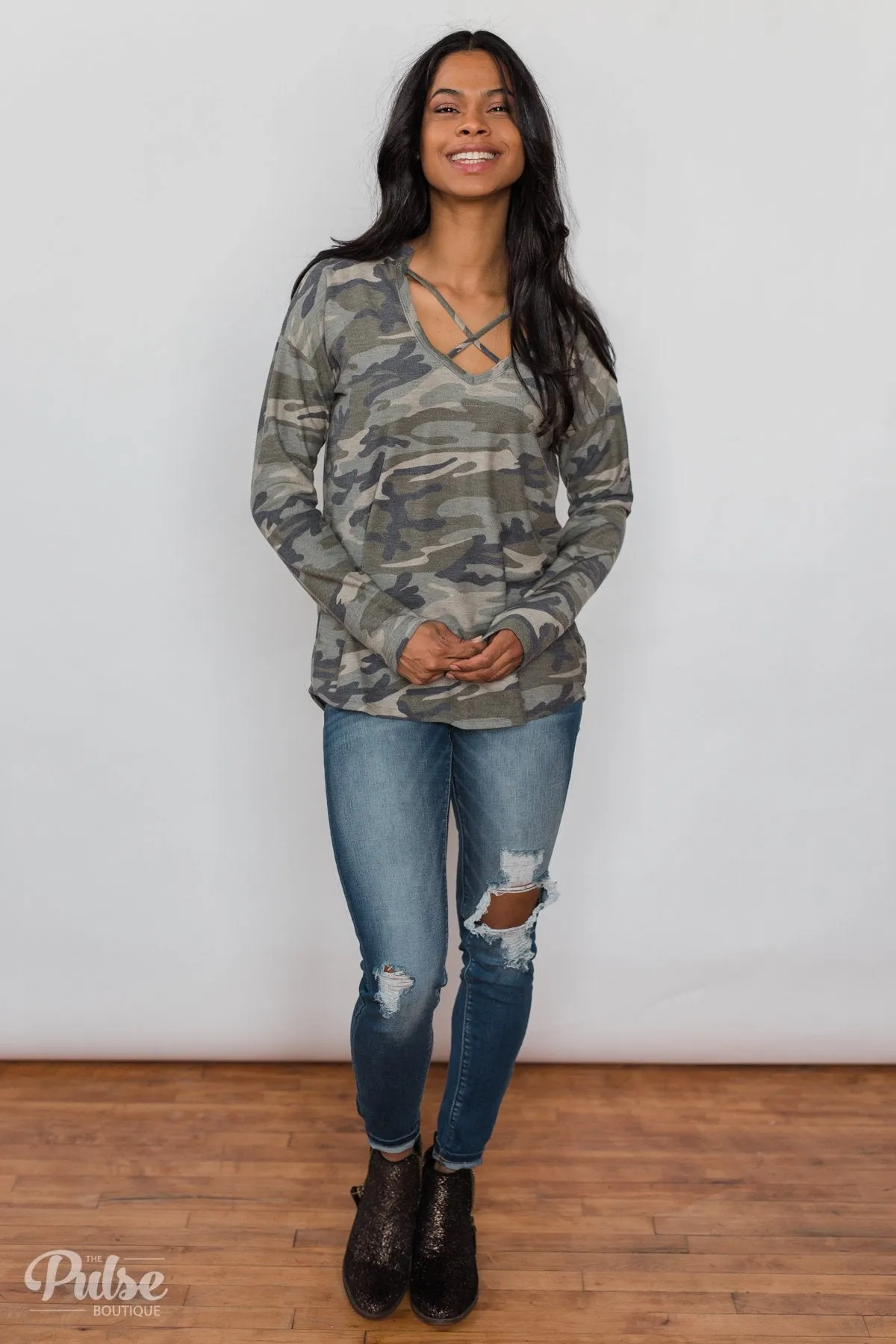Crossing Into Camo Pullover Top