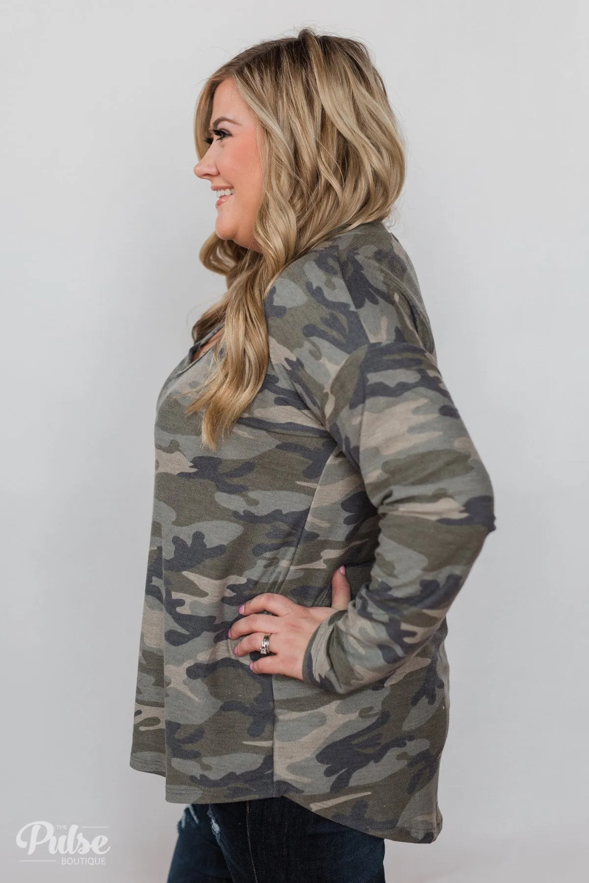 Crossing Into Camo Pullover Top
