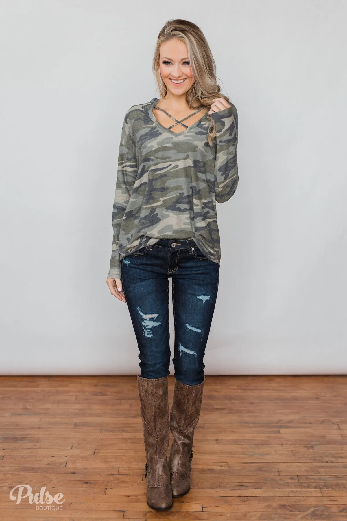Crossing Into Camo Pullover Top