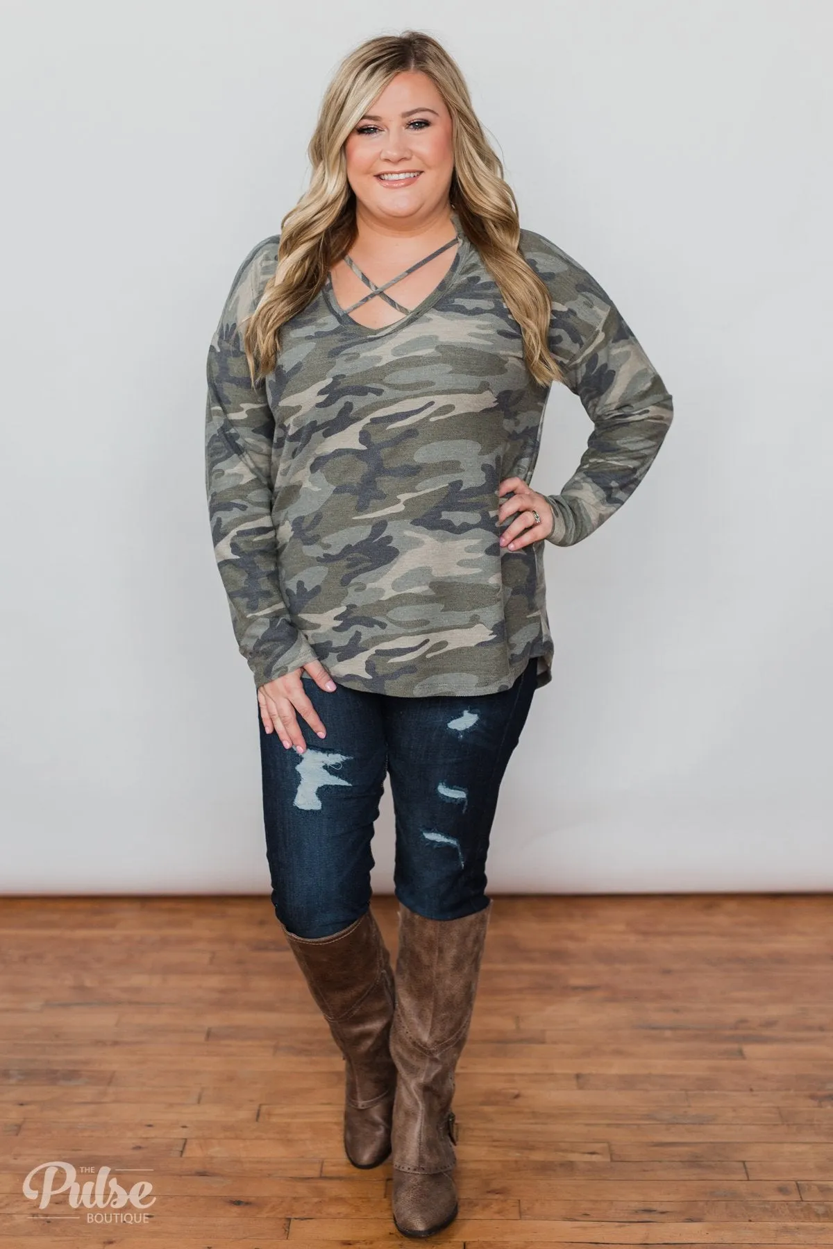 Crossing Into Camo Pullover Top