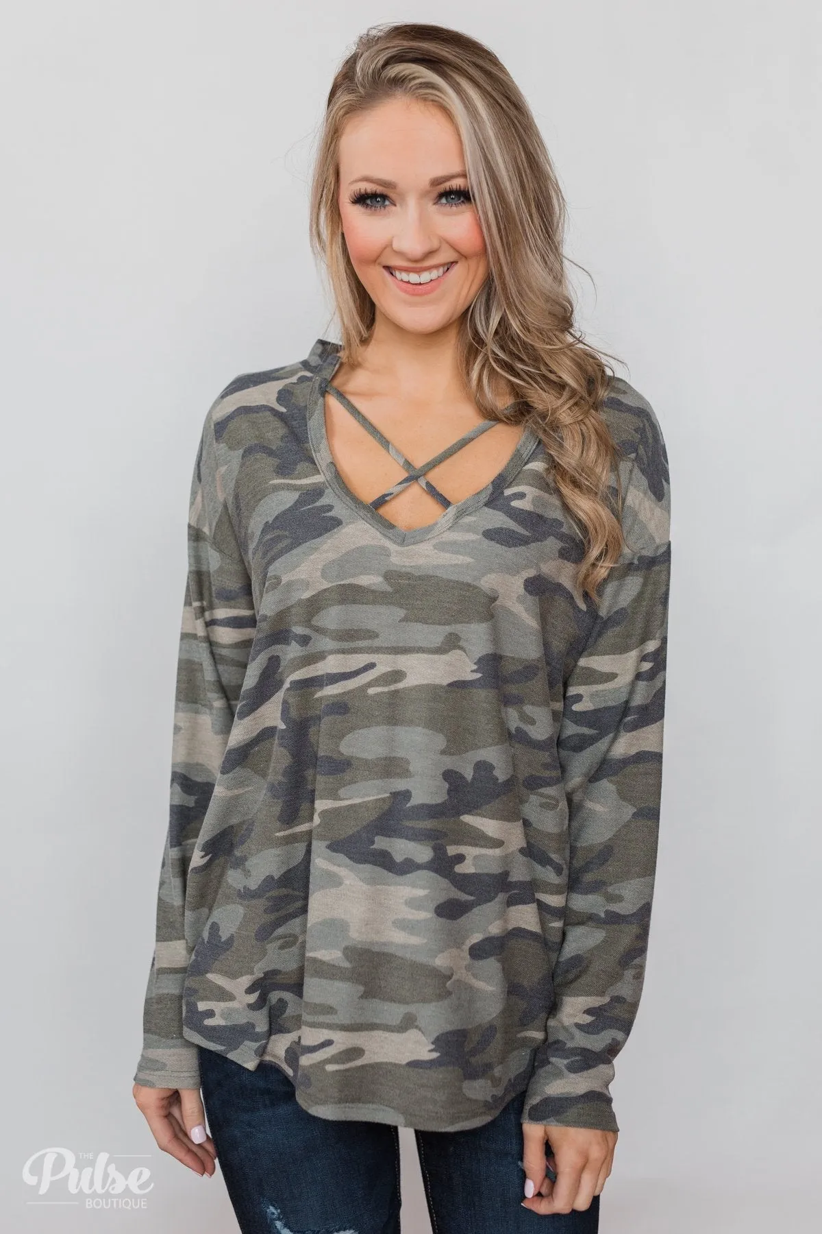 Crossing Into Camo Pullover Top