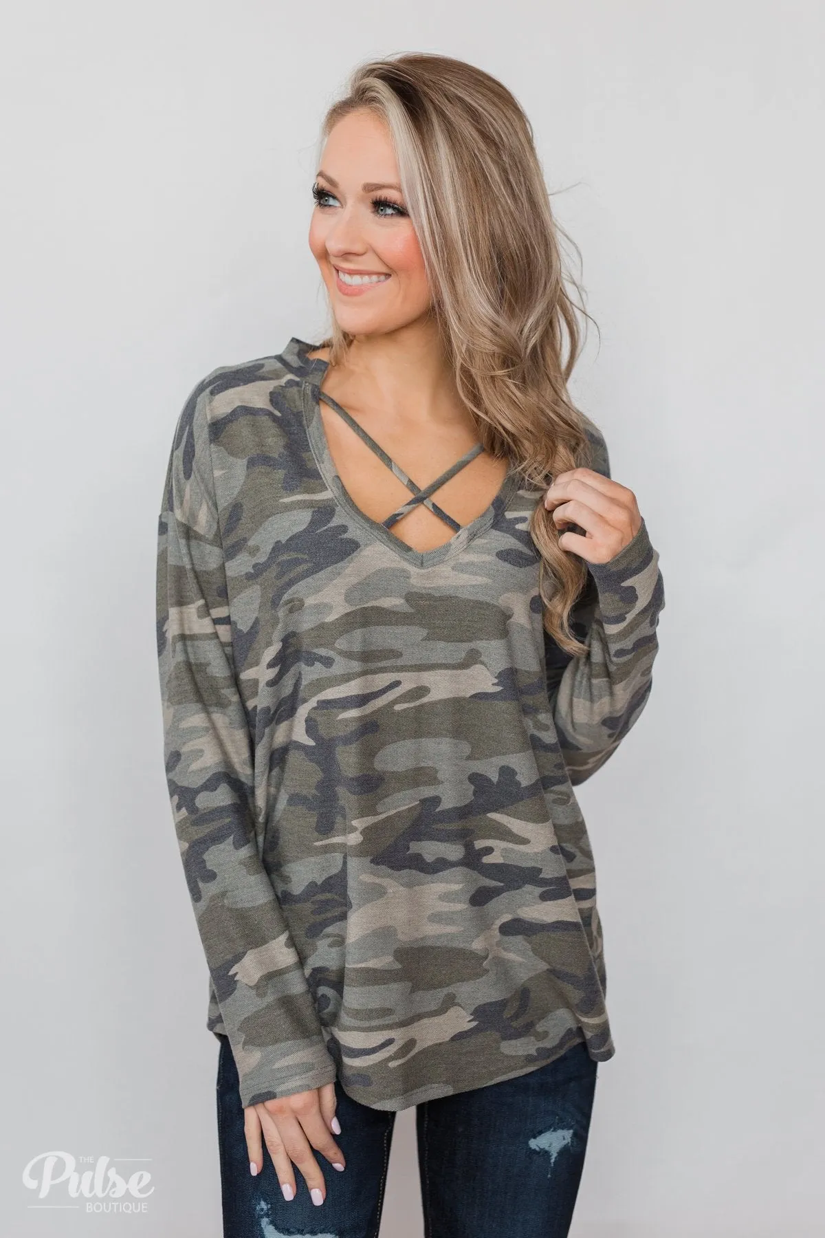 Crossing Into Camo Pullover Top