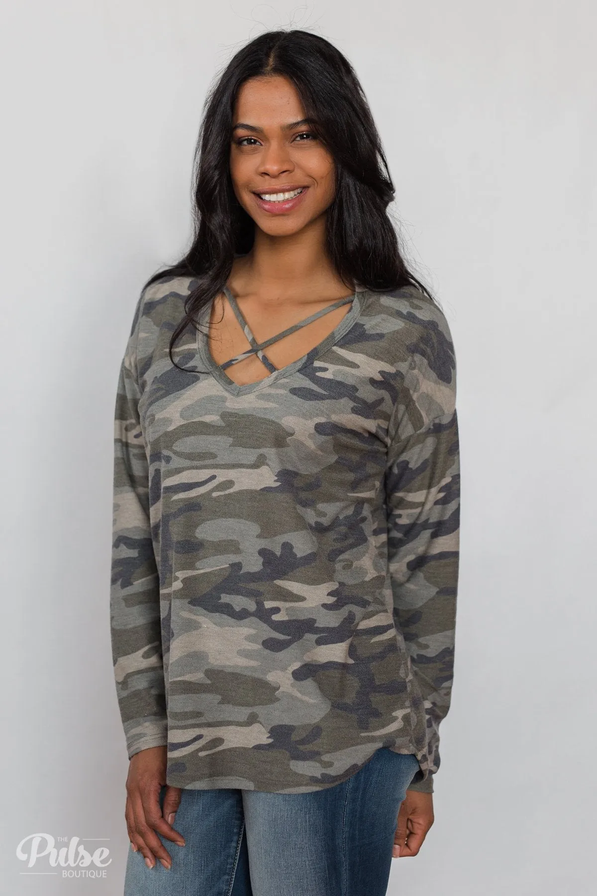Crossing Into Camo Pullover Top