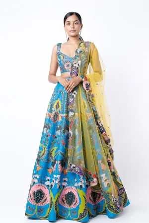 Cyan Blue Nadenka Raw Silk Appliquéd And Embellished Lehenga With Blouse And Cutwork Tulle Dupatta
