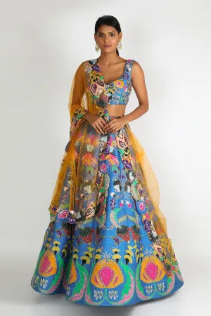 Cyan Blue Nadenka Raw Silk Appliquéd And Embellished Lehenga With Blouse And Cutwork Tulle Dupatta