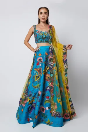 Cyan Blue Nadenka Raw Silk Appliquéd And Embellished Lehenga With Blouse And Cutwork Tulle Dupatta