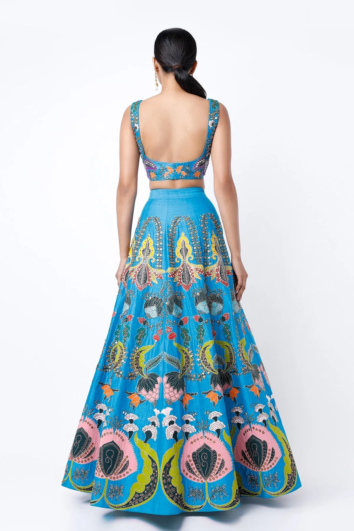Cyan Blue Nadenka Raw Silk Appliquéd And Embellished Lehenga With Blouse And Cutwork Tulle Dupatta