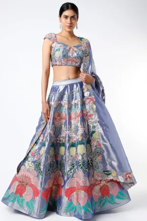 Dark Blue Juna Tissue Appliquéd And Embellished Lehenga With Blouse And Cutwork Tissue Dupatta