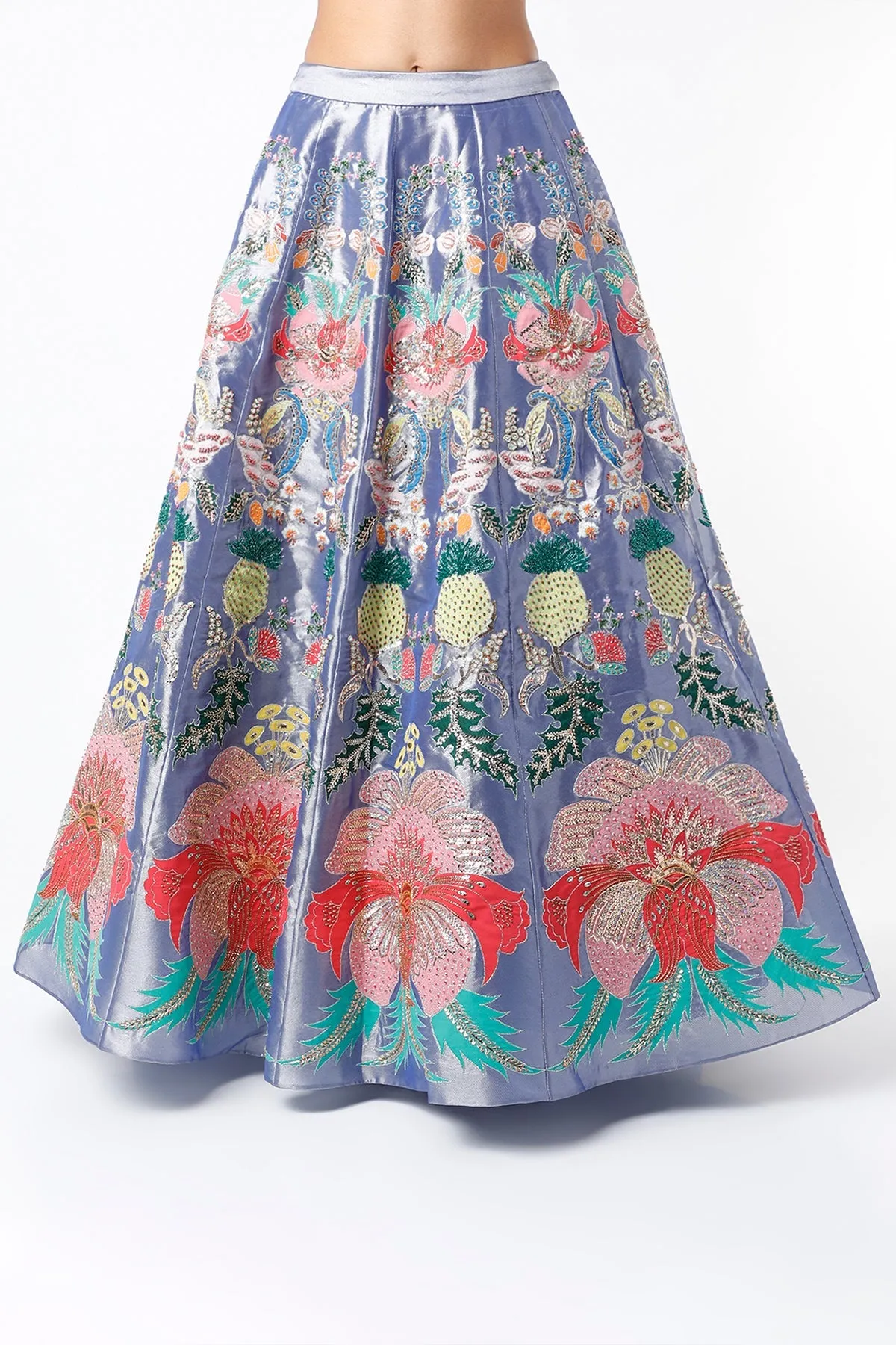Dark Blue Juna Tissue Appliquéd And Embellished Lehenga With Blouse And Cutwork Tissue Dupatta